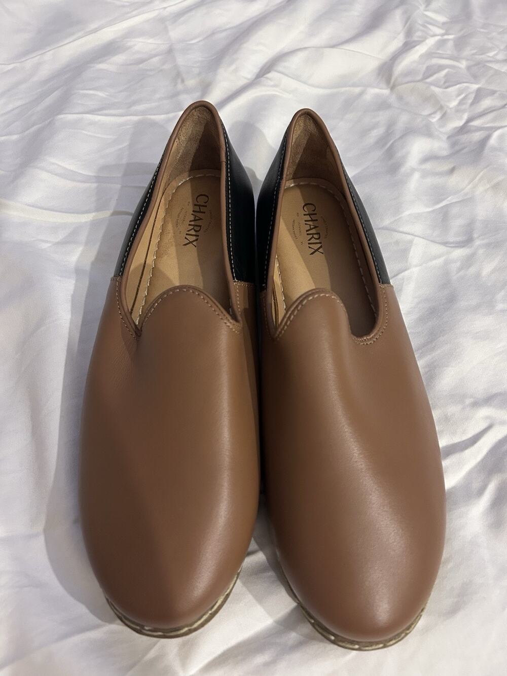 Charix Camel Black Leather Comfort Minimalist Loafer Slip On Womens Shoe 45